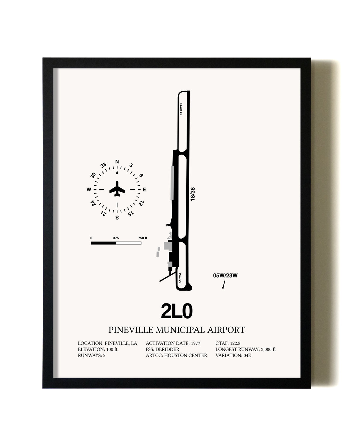 Framed Pineville Municipal Airport wall art poster in black frame