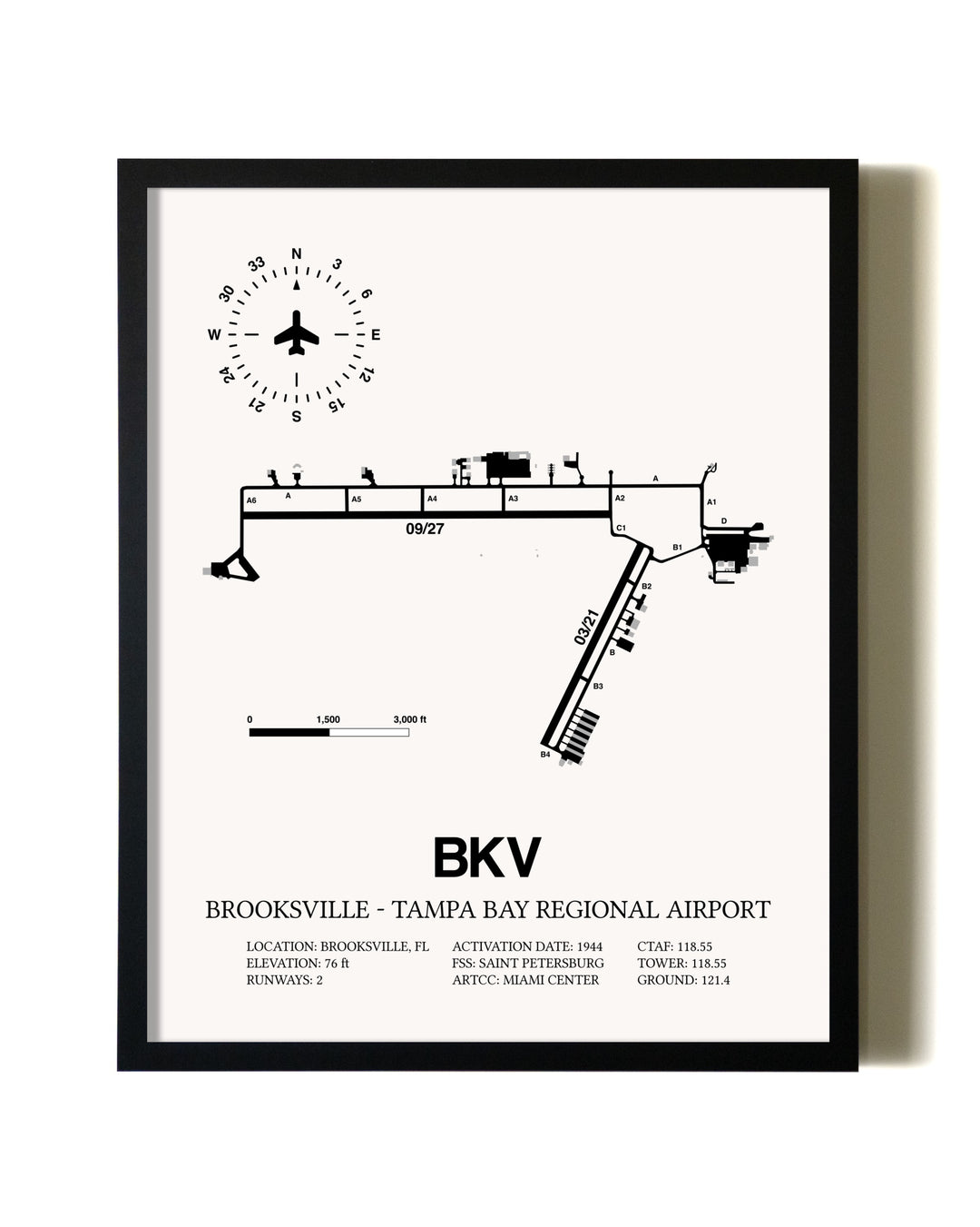 Framed Brooksville-Tampa Bay Regional Airport wall art poster in black frame