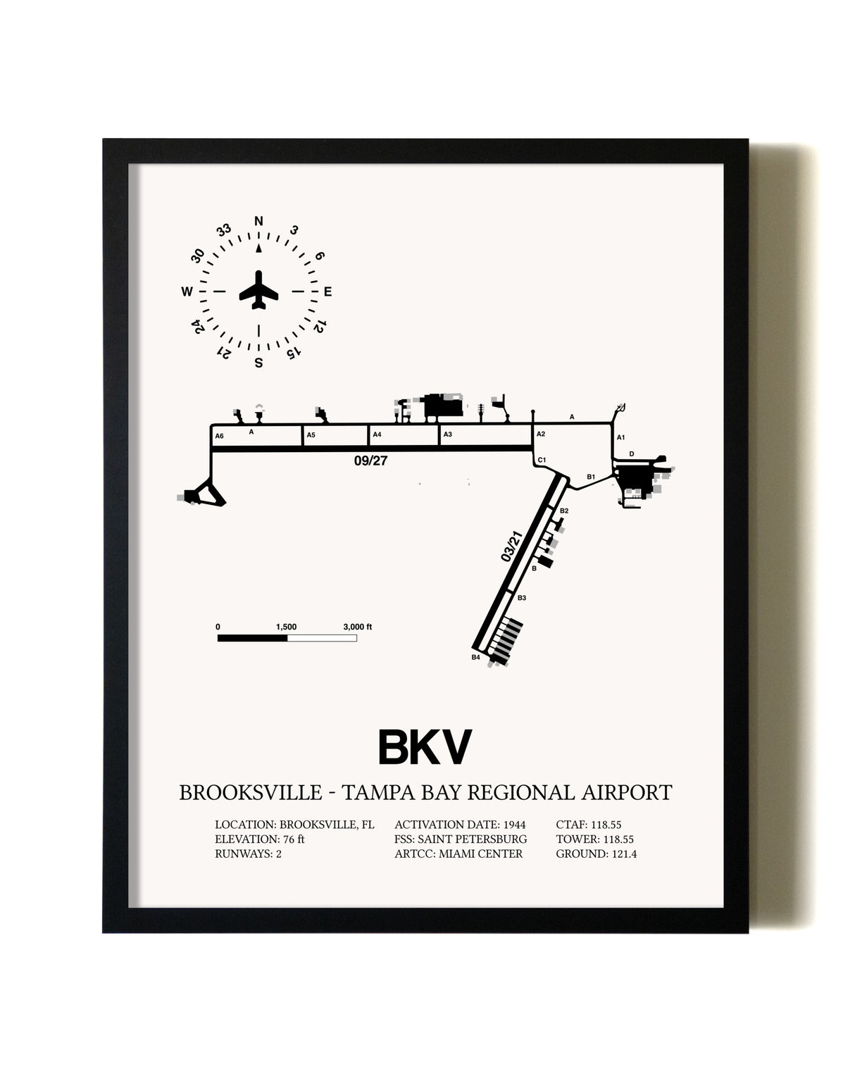 Framed Brooksville-Tampa Bay Regional Airport wall art poster in black frame