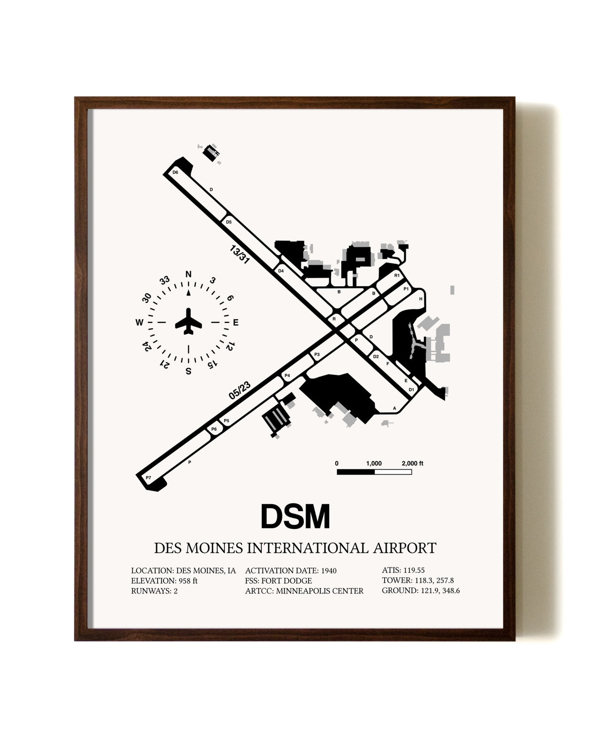 Des Moines International Airport aviation print in walnut frame