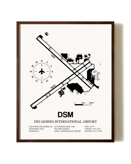 Des Moines International Airport aviation print in walnut frame
