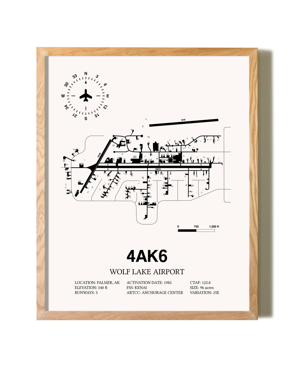 Wolf Lake Airport framed print in natural wood frame