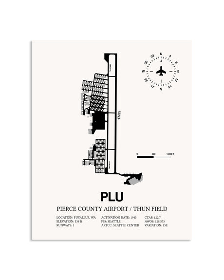 Gray Pierce County Airport / Thun Field framed poster displayed in an airplane hangar