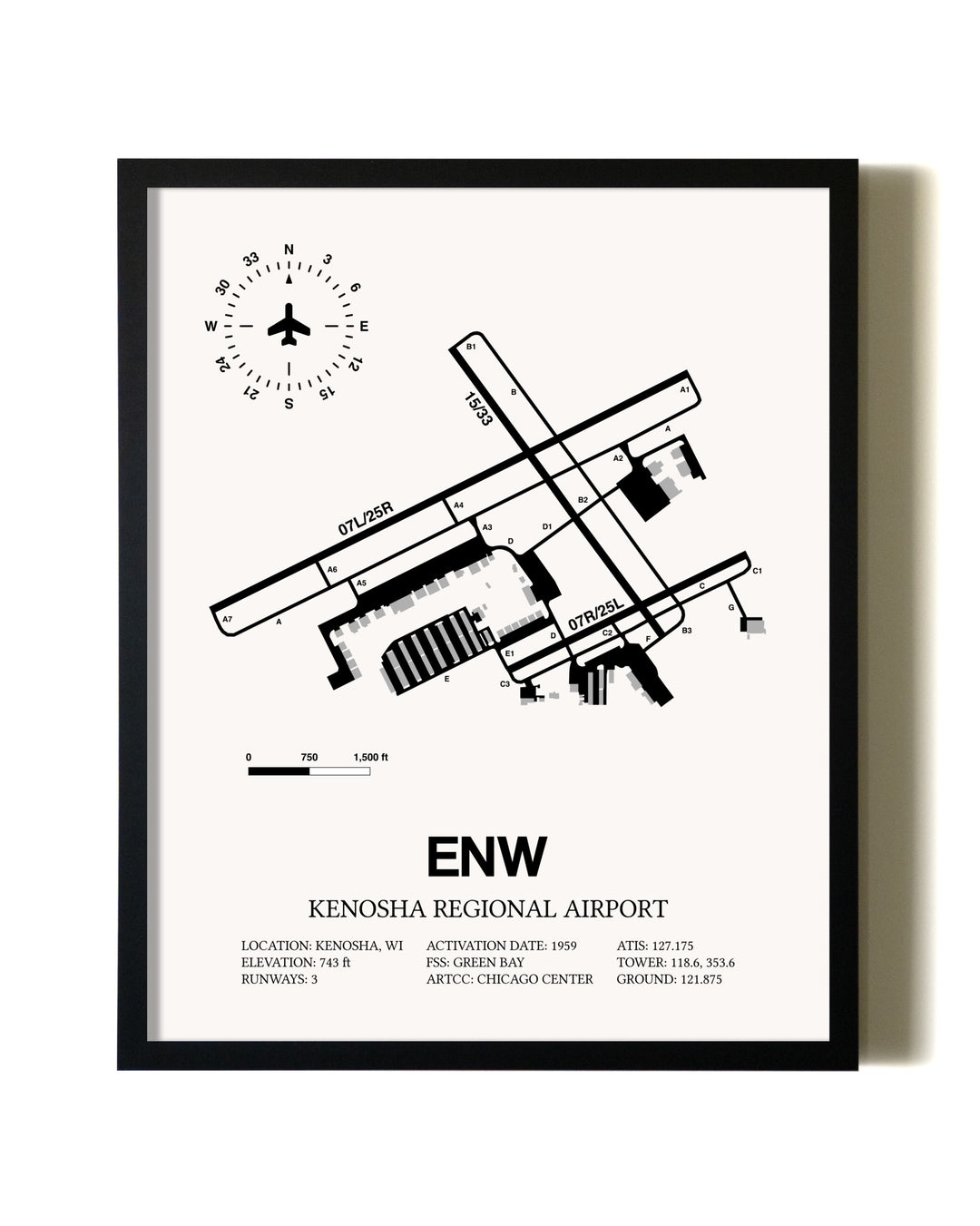 Framed Kenosha Regional Airport wall art poster in black frame