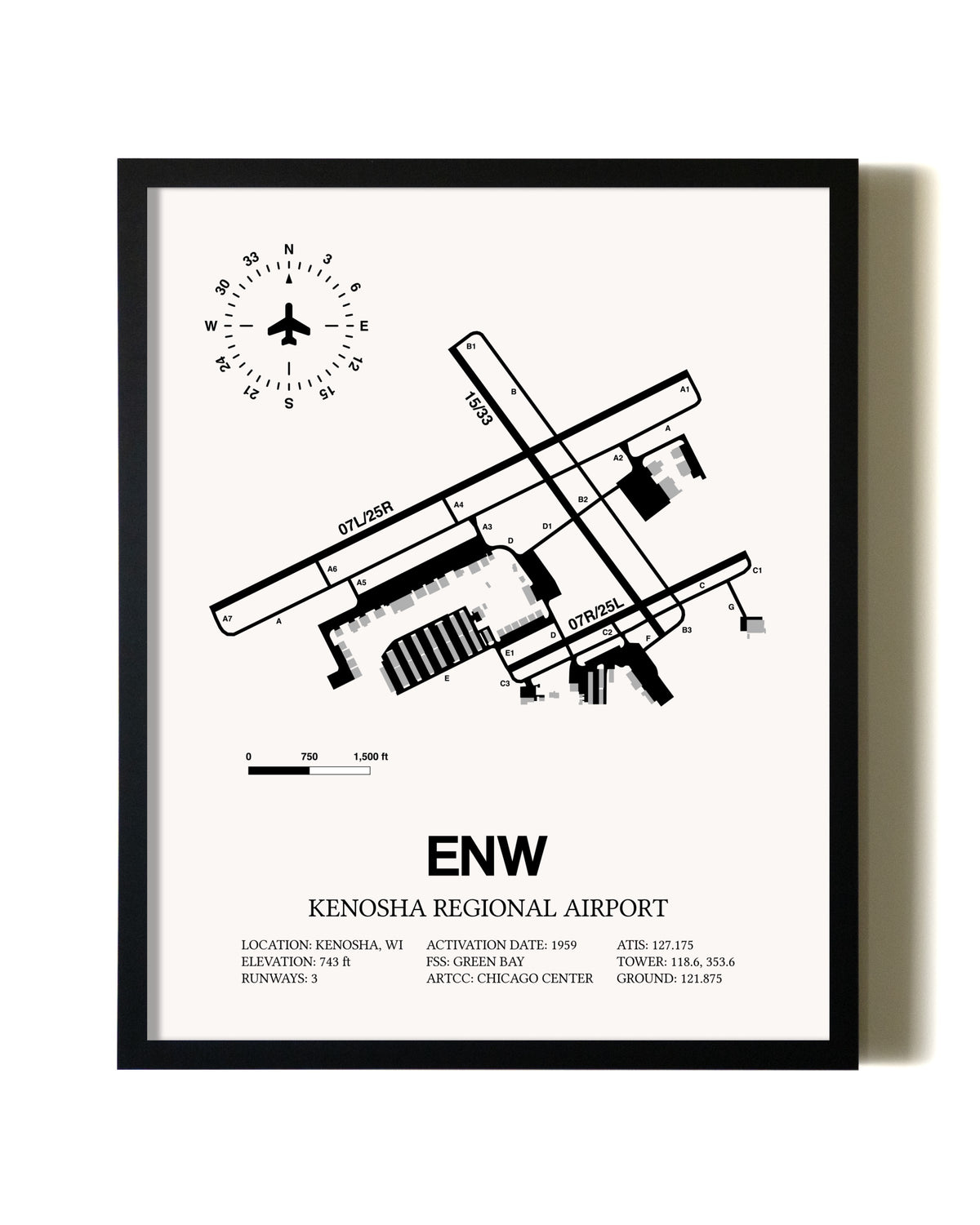 Framed Kenosha Regional Airport wall art poster in black frame