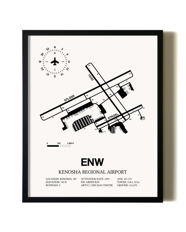 Framed Kenosha Regional Airport wall art poster in black frame