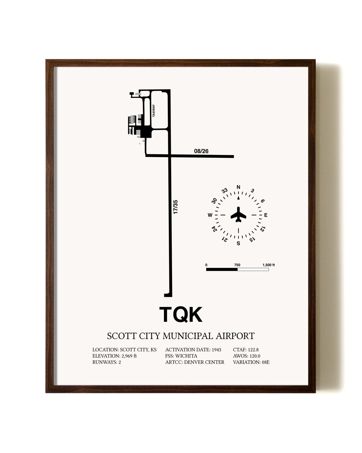 Scott City Municipal Airport aviation print in walnut frame