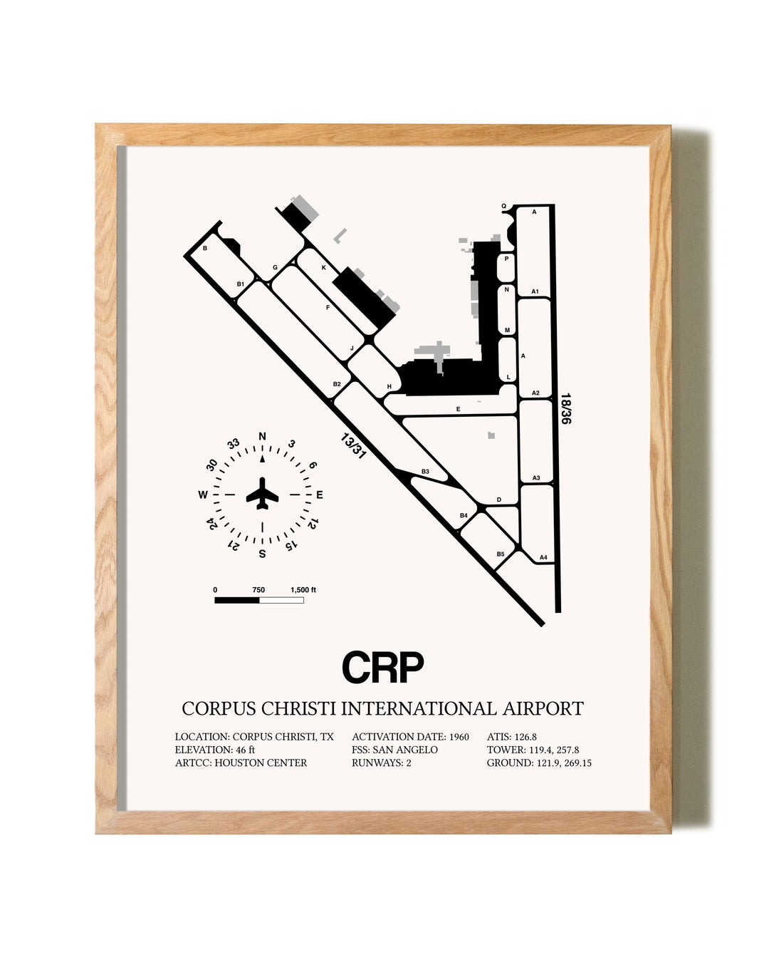 Corpus Christi International Airport framed print in natural wood frame