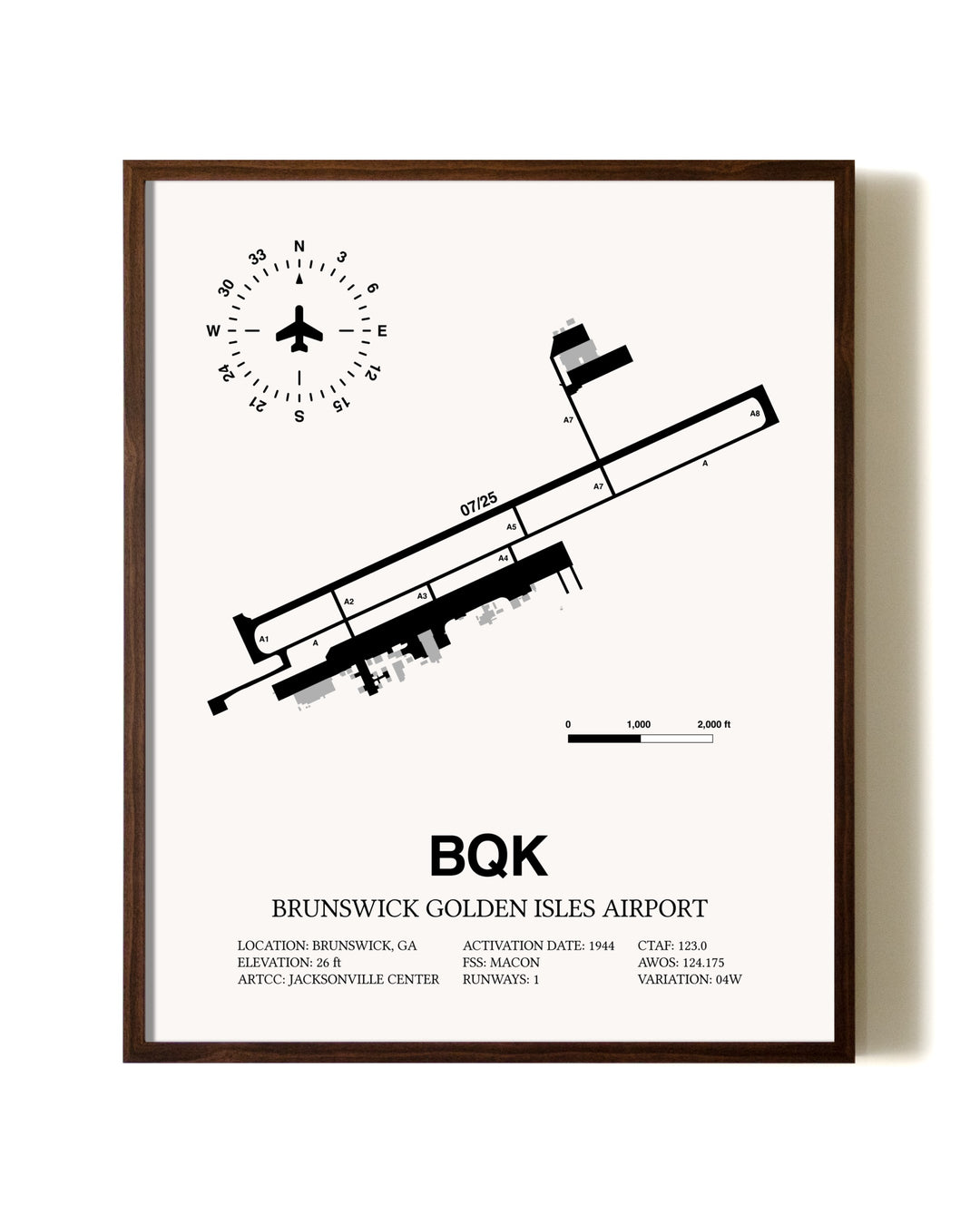 Brunswick Golden Isles Airport aviation print in walnut frame