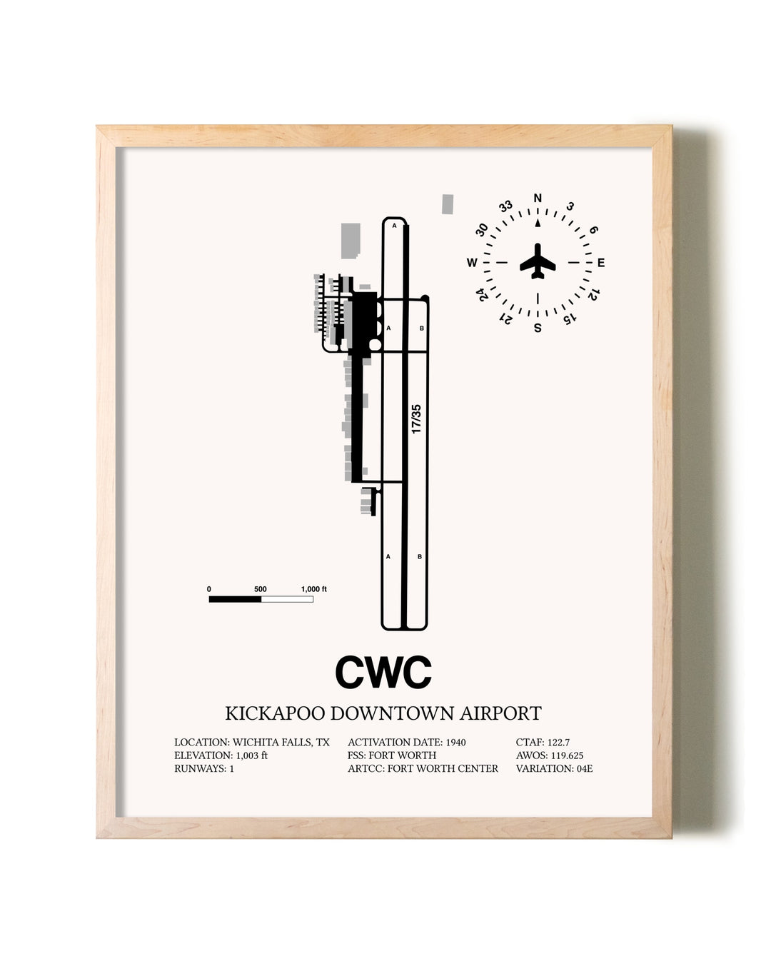 Kickapoo Downtown Airport framed wall art in white frame