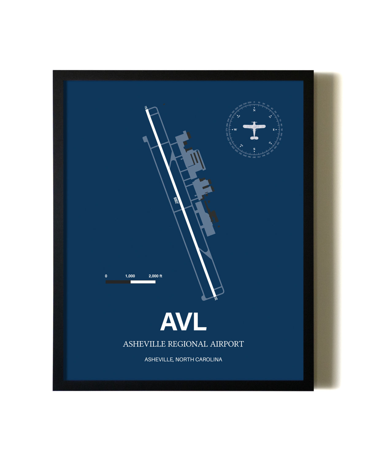 Aviation Blue Framed Asheville Regional Airport layout wall art poster