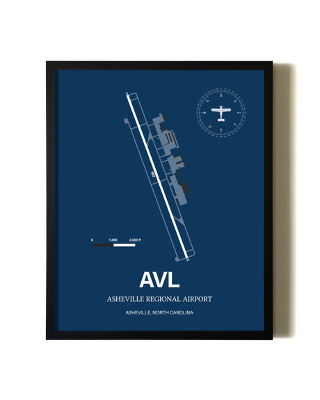 Aviation Blue Framed Asheville Regional Airport layout wall art poster