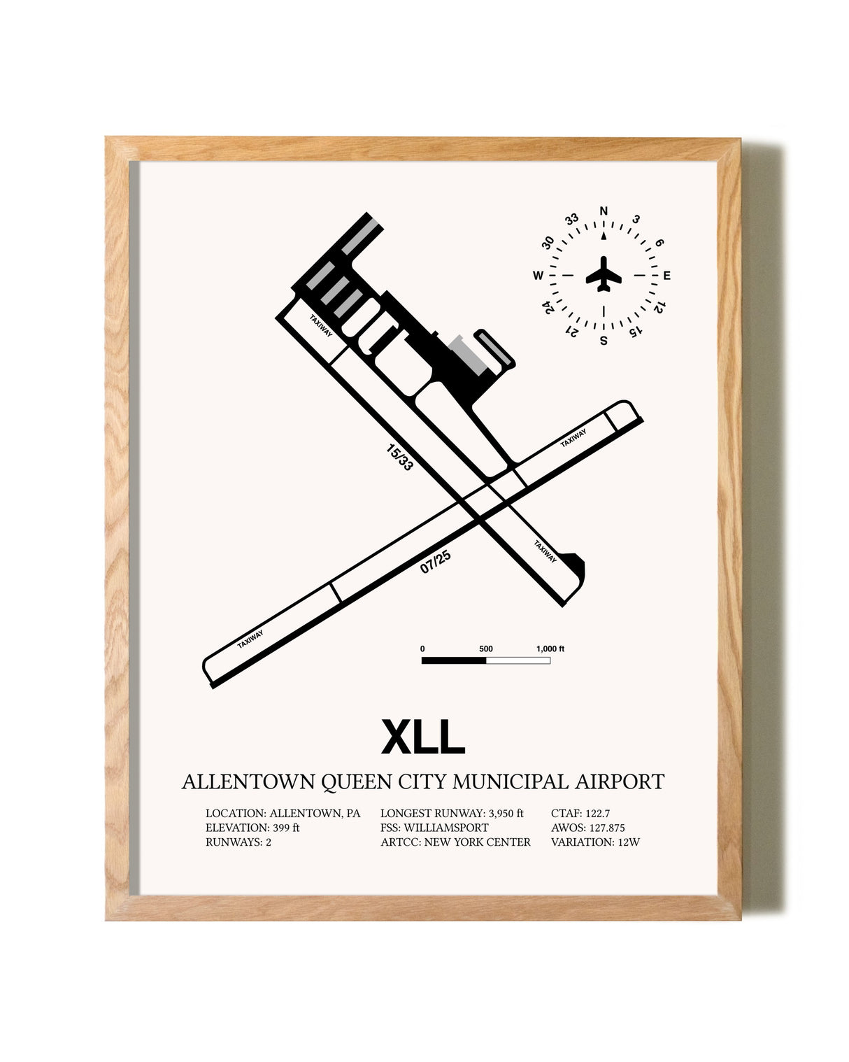 Allentown Queen City Municipal Airport framed print in natural wood frame