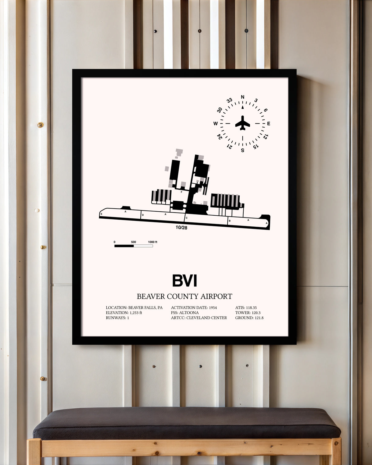 Beaver County Airport framed poster displayed in an airplane hangar