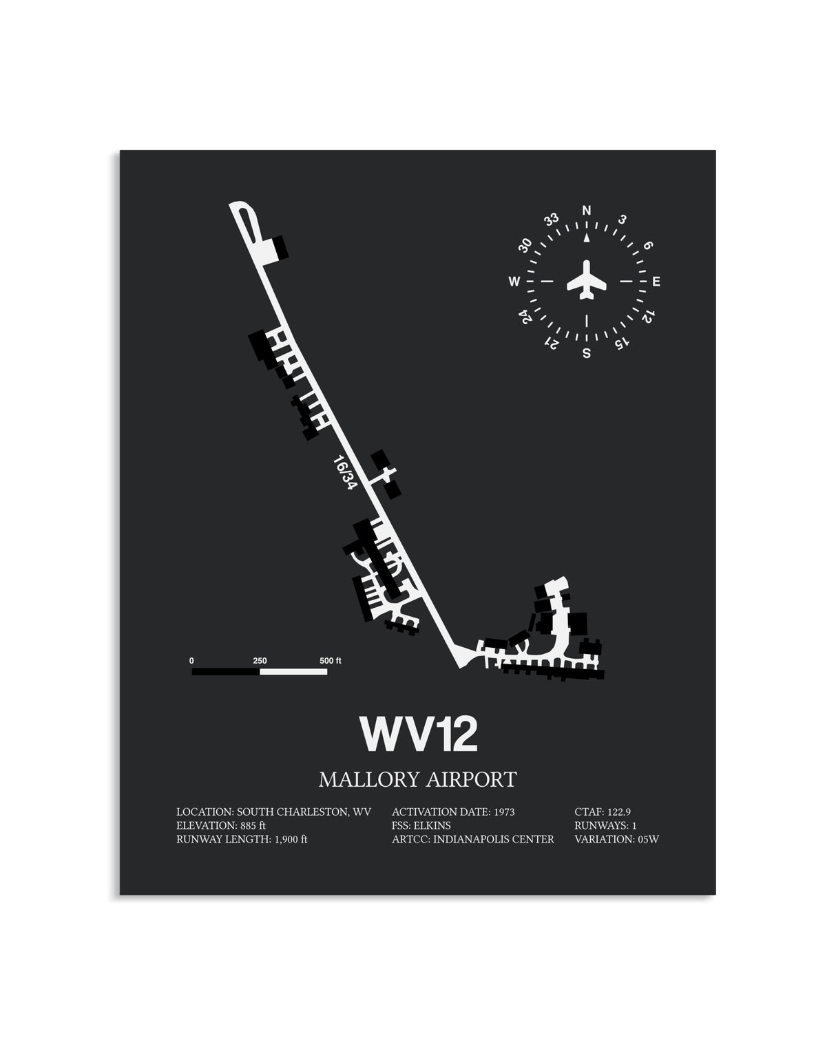 Gray Framed Mallory Airport layout wall art poster