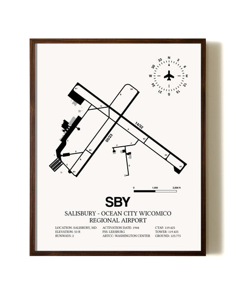 Salisbury-Ocean City Wicomico Regional Airport aviation print in walnut frame