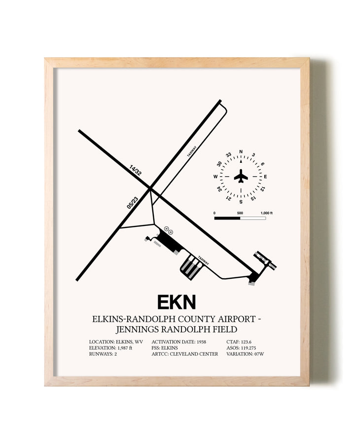 Elkins-Randolph County Airport-Jennings Randolph Field framed wall art in white frame