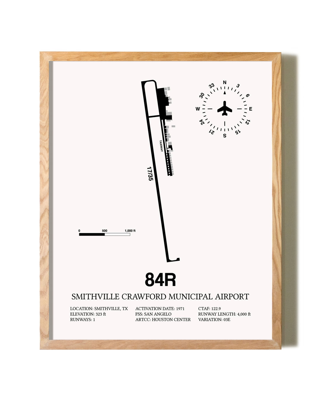 Smithville Crawford Municipal Airport framed print in natural wood frame