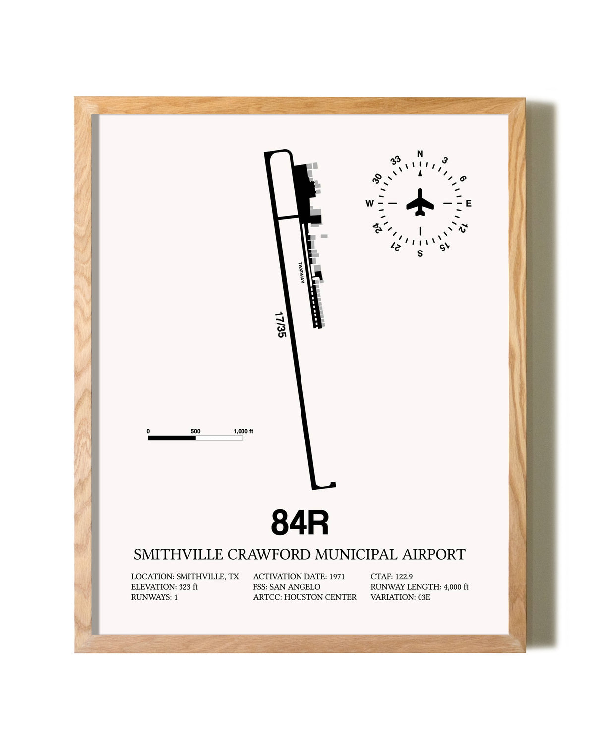 Smithville Crawford Municipal Airport framed print in natural wood frame