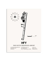 Gray Indy South Greenwood Airport framed poster displayed in an airplane hangar