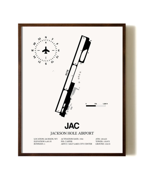 Jackson Hole Airport aviation print in walnut frame