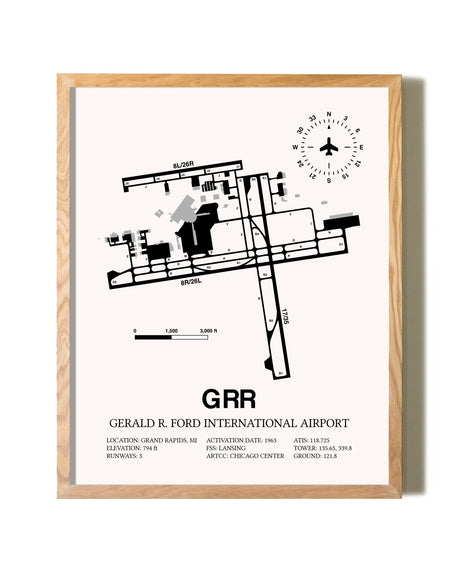 Gerald R. Ford International Airport framed print in natural wood frame