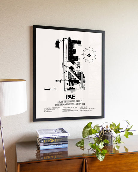 Seattle Paine Field International Airport aviation wall décor in black wood frame