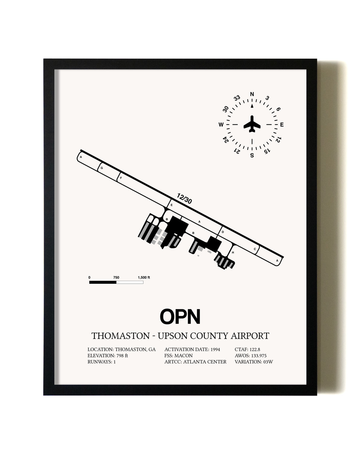 Framed Thomaston-Upson County Airport wall art poster in black frame