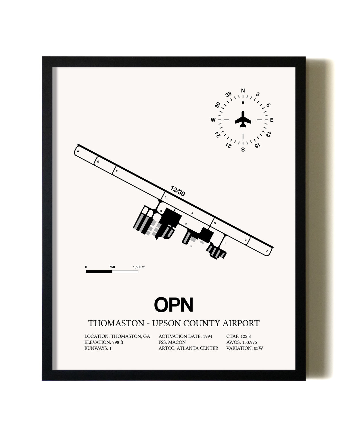 Framed Thomaston-Upson County Airport wall art poster in black frame