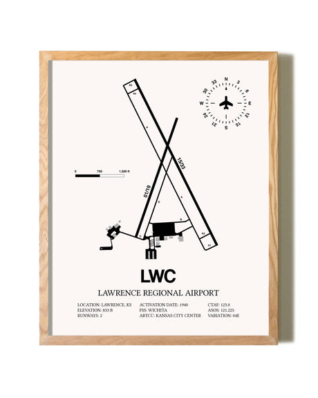 Lawrence Regional Airport framed print in natural wood frame