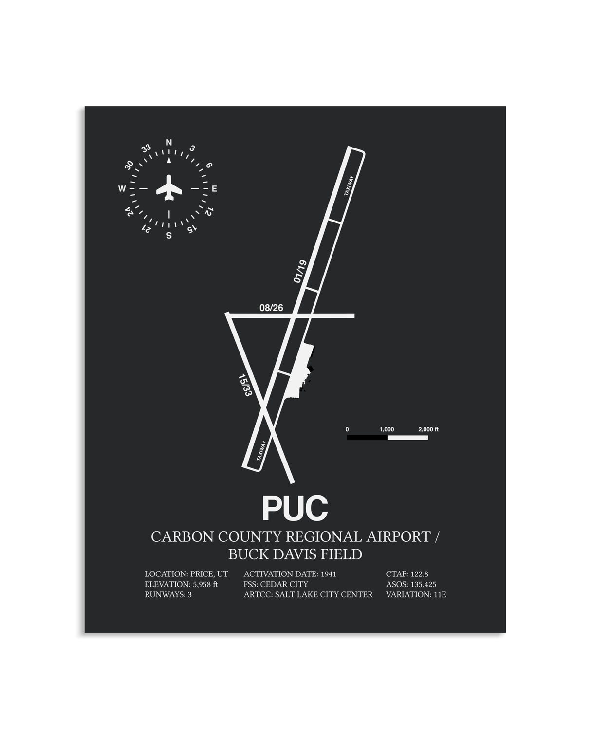Gray Framed Carbon County Regional Airport / Buck Davis Field layout wall art poster