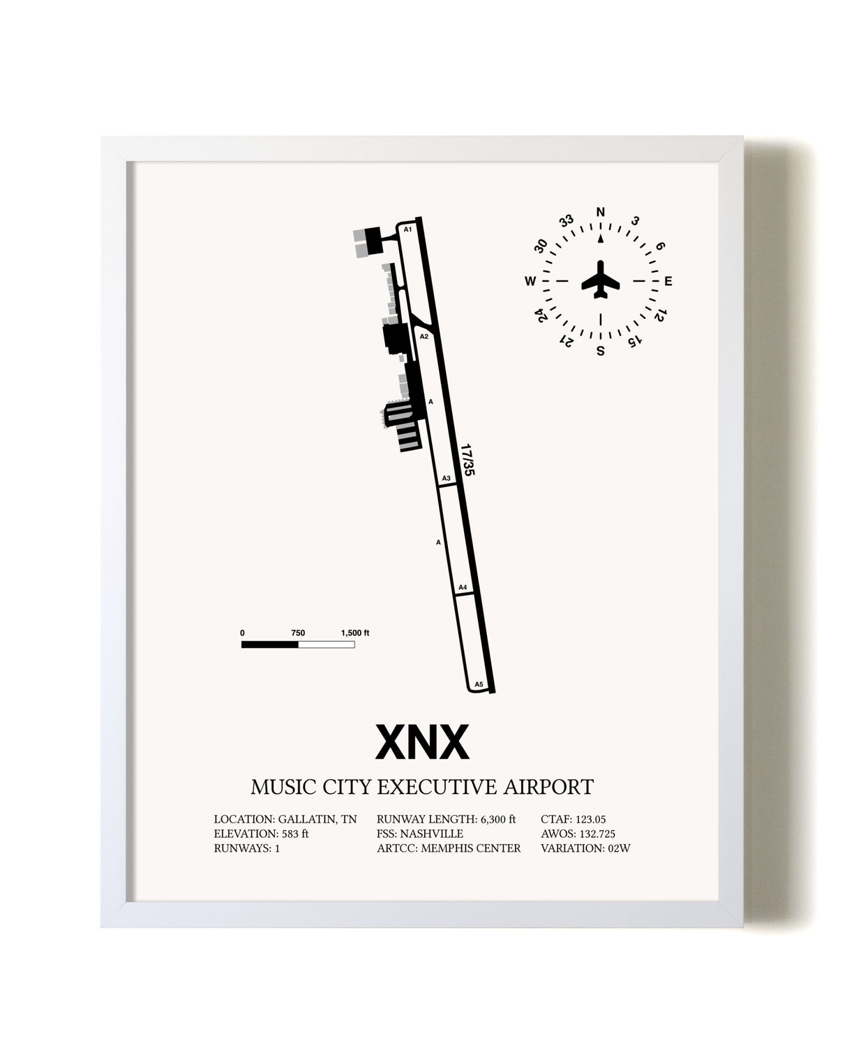 Music City Executive Airport airport map poster in oak frame
