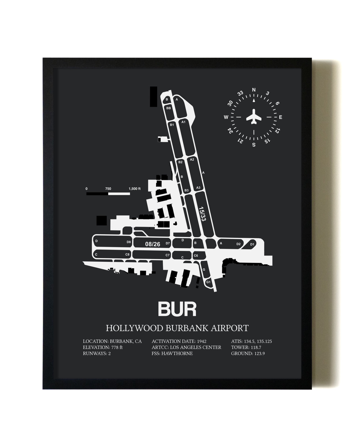 Unframed Hollywood Burbank Airport map print poster