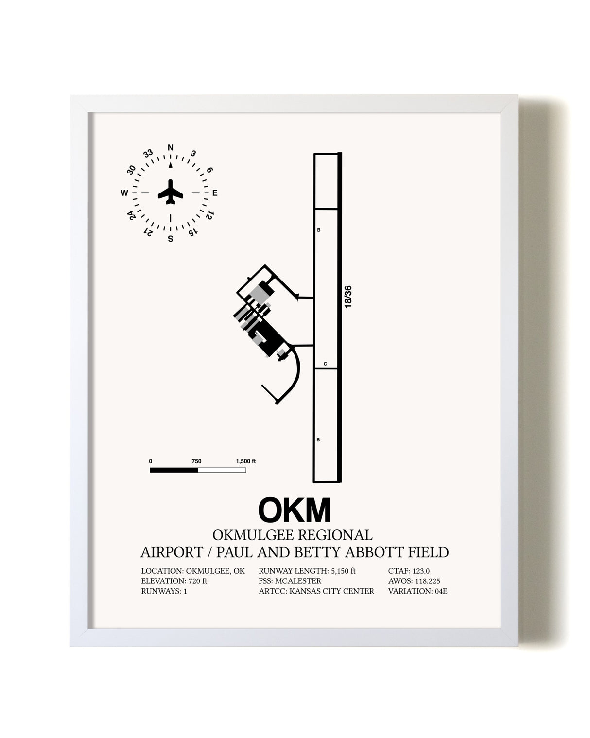 Okmulgee Regional Airport / Paul And Betty Abbott Field airport map poster in oak frame