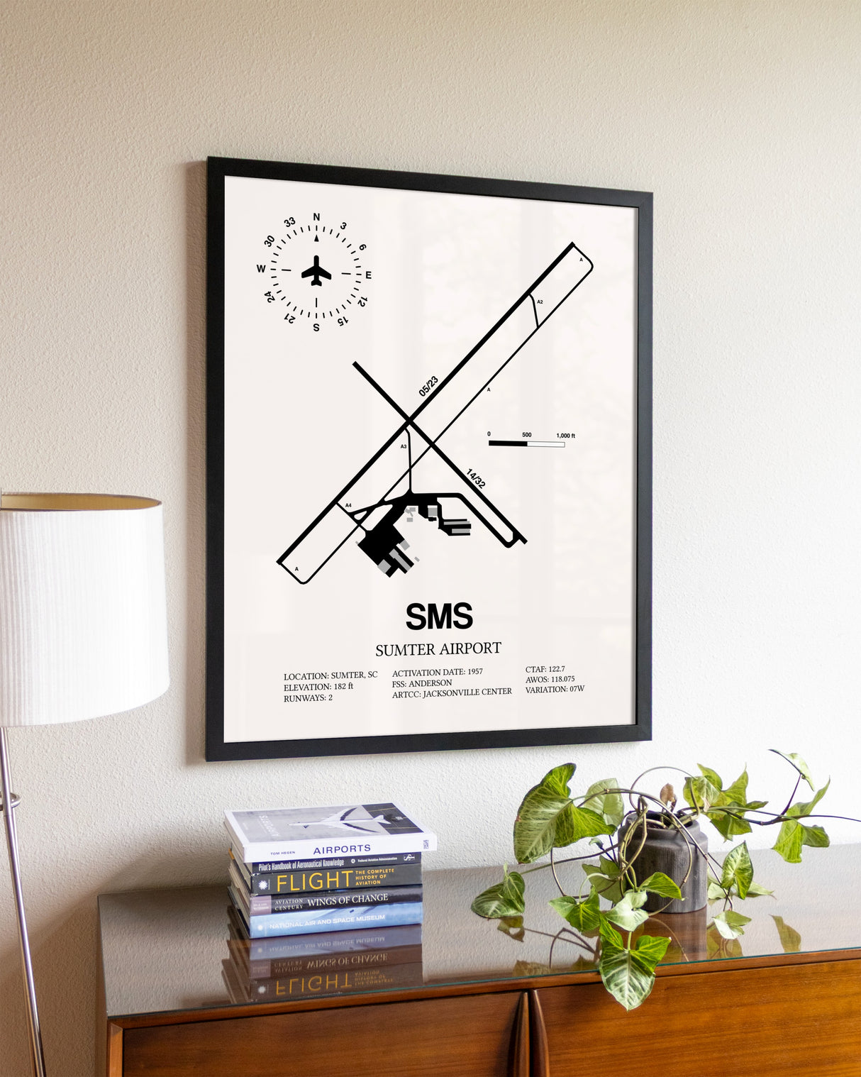 Sumter Airport aviation wall décor in black wood frame