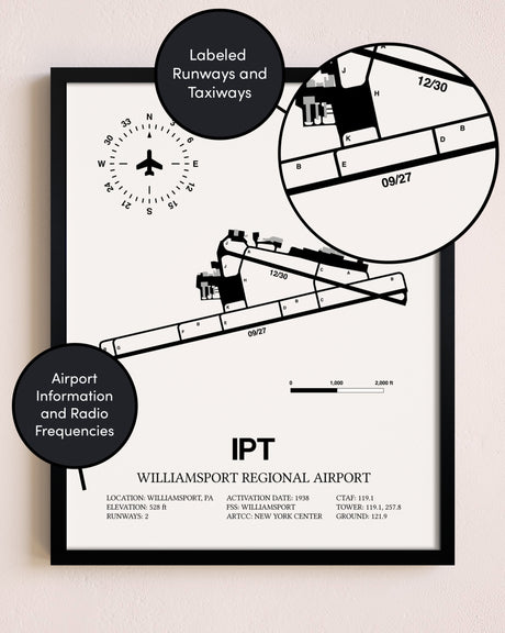 Framed Williamsport Regional Airport layout wall art poster