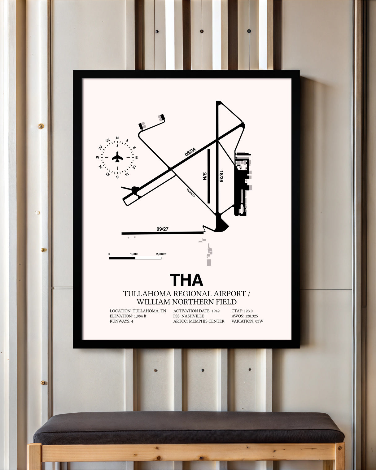 Tullahoma Regional Airport / William Northern Field framed poster displayed in an airplane hangar