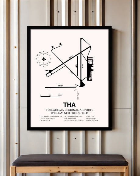 Tullahoma Regional Airport / William Northern Field framed poster displayed in an airplane hangar