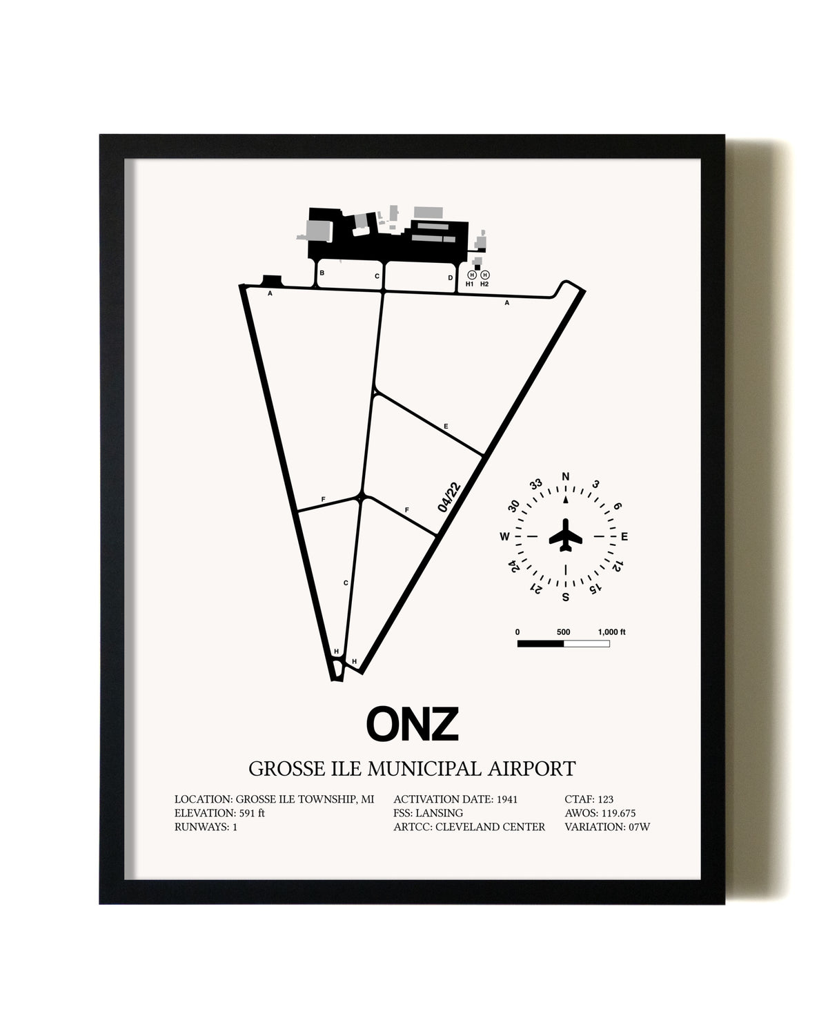 Framed Grosse Ile Municipal Airport wall art poster in black frame