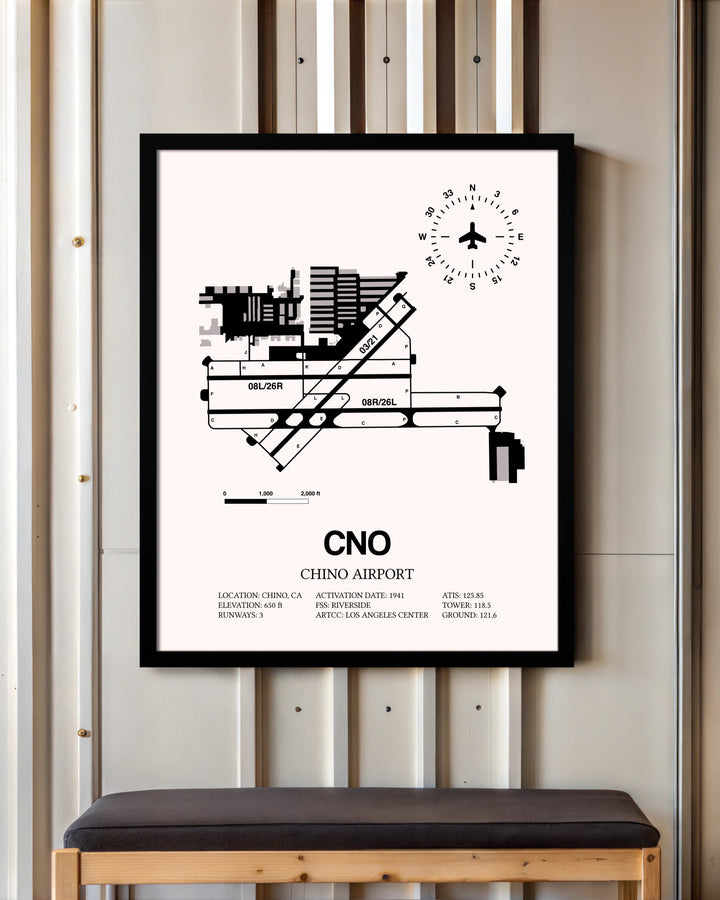 Chino Airport framed poster displayed in an airplane hangar