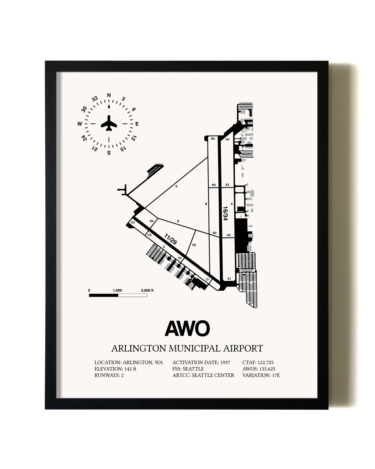 Framed Arlington Municipal Airport wall art poster in black frame