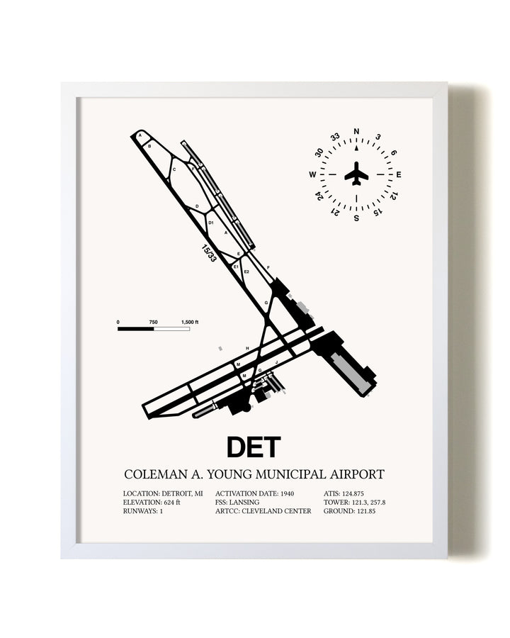 Coleman A. Young Municipal Airport airport map poster in oak frame