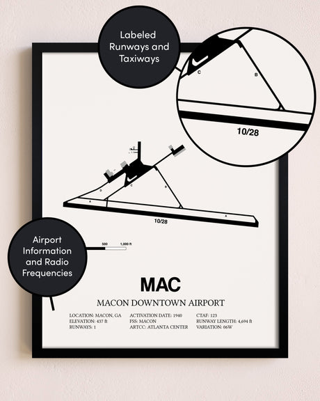 Framed Macon Downtown Airport layout wall art poster