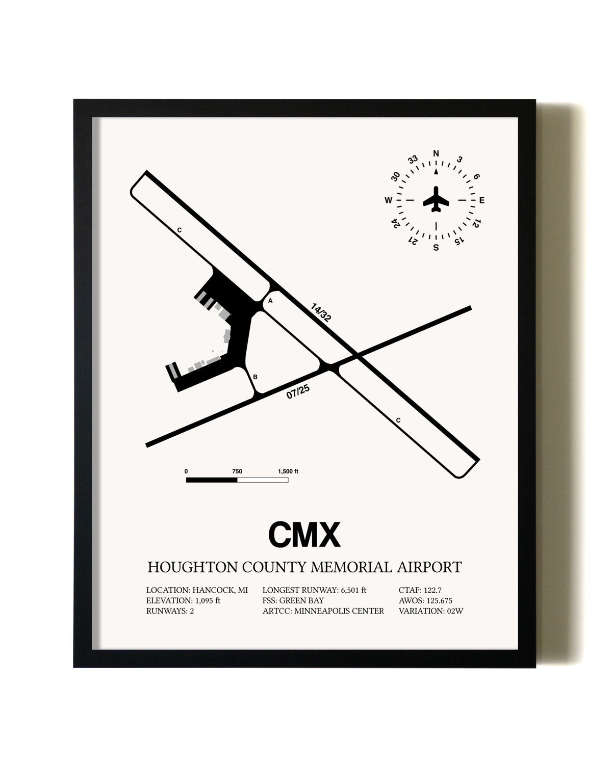 Framed Houghton County Memorial Airport wall art poster in black frame