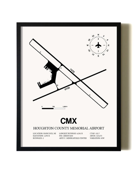 Framed Houghton County Memorial Airport wall art poster in black frame