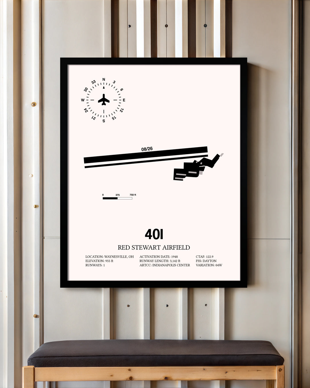 Red Stewart Airfield framed poster displayed in an airplane hangar