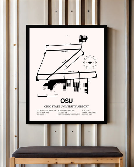 Ohio State University Airport framed poster displayed in an airplane hangar