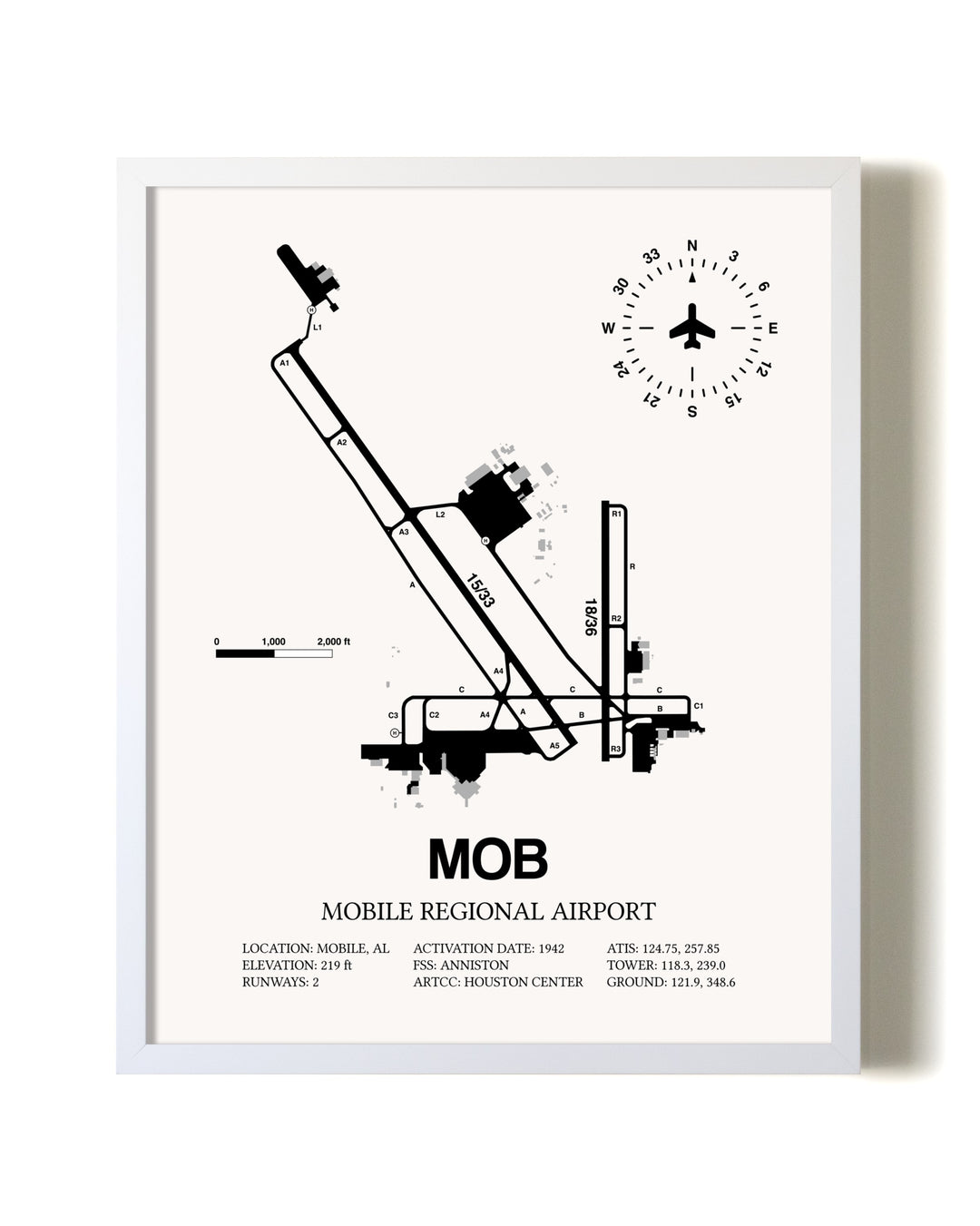 Mobile Regional Airport airport map poster in oak frame