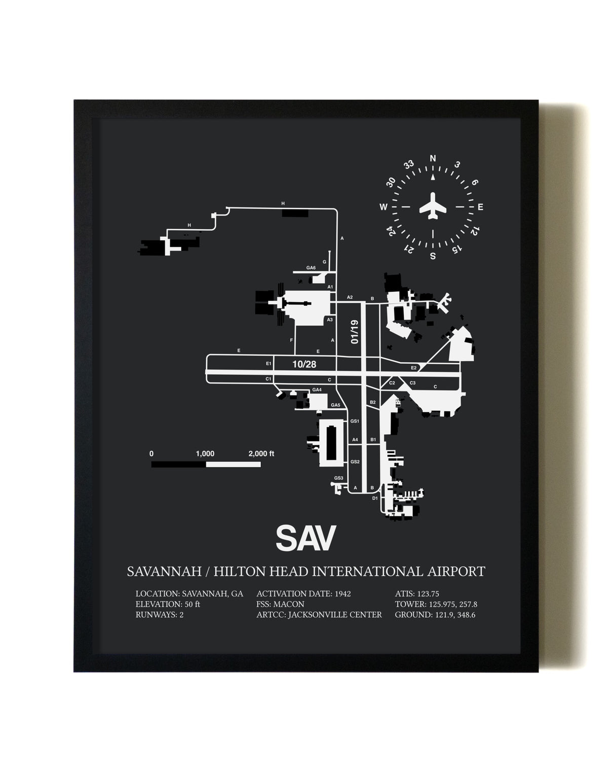 Unframed Savannah / Hilton Head International Airport map print poster