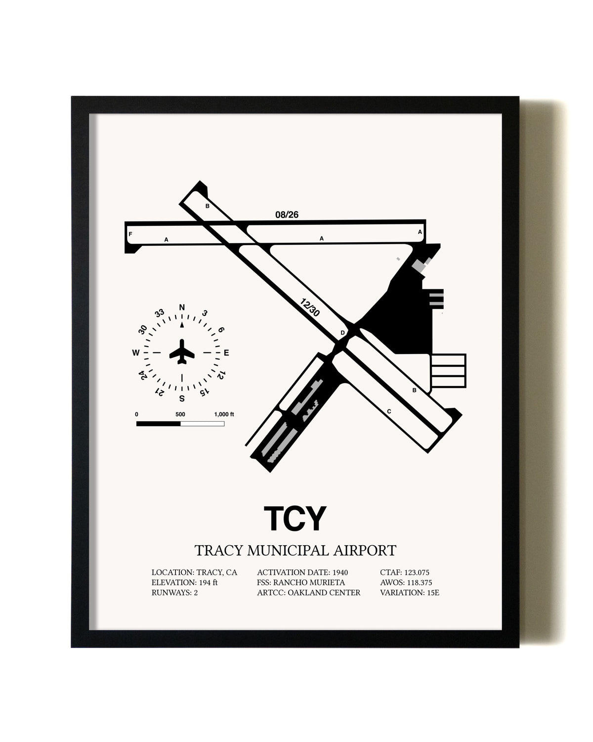 Framed Tracy Municipal Airport wall art poster in black frame